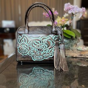 NWT Patricia Nash Paris Satchel Tooled Turquoise Brown Leather P018133
